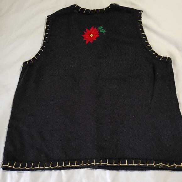Ugly Christmas Sweater Vest Large Poinsettias Beaded Ornaments Kim Rogers Black - Picture 11 of 15
